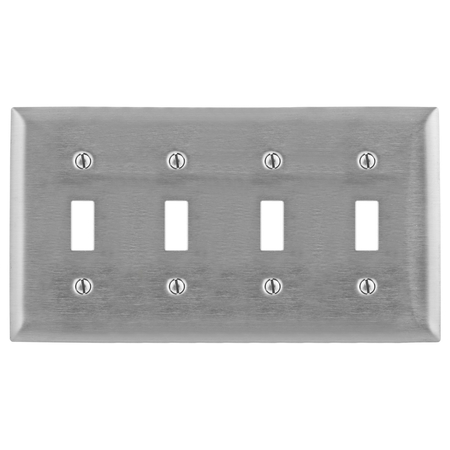 HUBBELL WIRING DEVICE-KELLEMS Wallplates and Boxes, Metallic Plates, 4- Gang, 4) Toggle Openings, Standard Size, Stainless Steel SS4